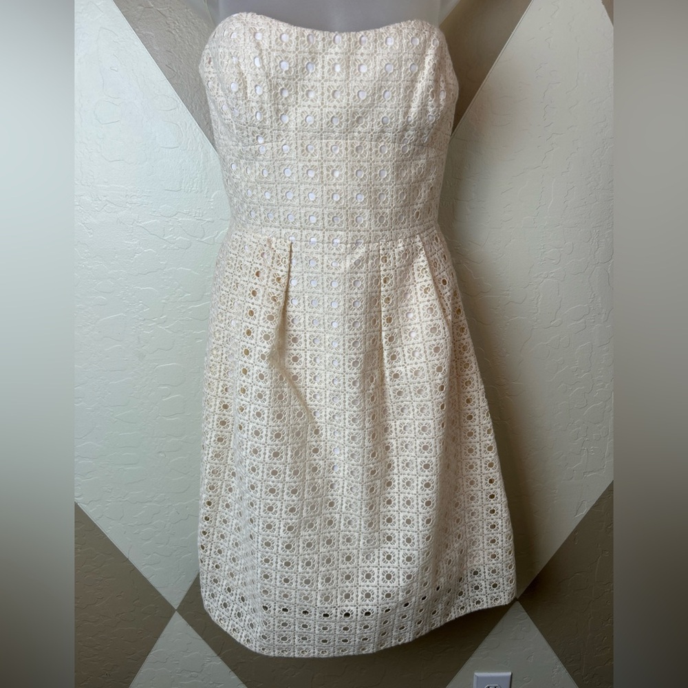 J Crew Sz 12 Hayley Beige Eyelet Strapless Dress Sweetheart Neckline Lined Party